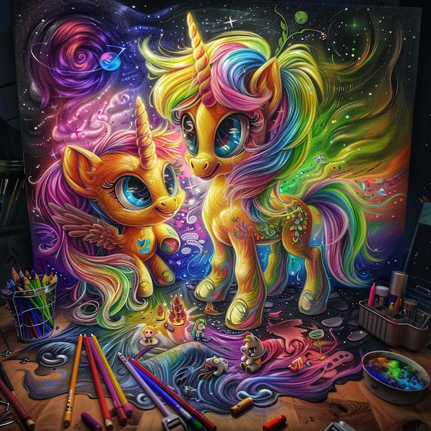 painting of two little pony with colorful hair and a rainbow mane generative ai