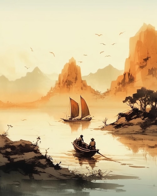 A painting of two men on a boat in front of mountains.