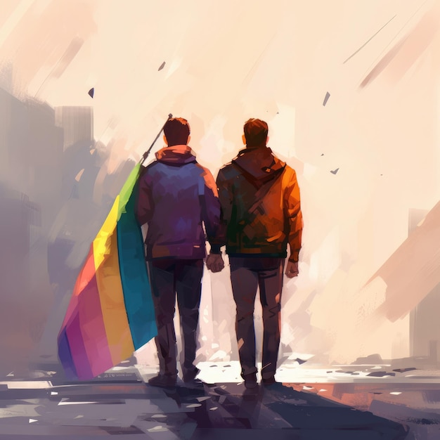 A painting of two men holding rainbow flags