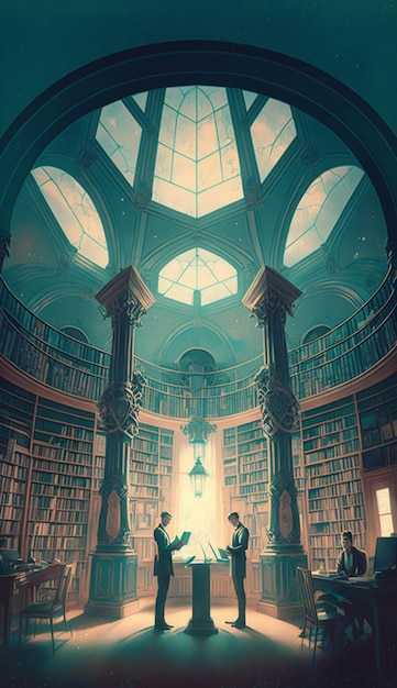 A painting of two men reading in a library.