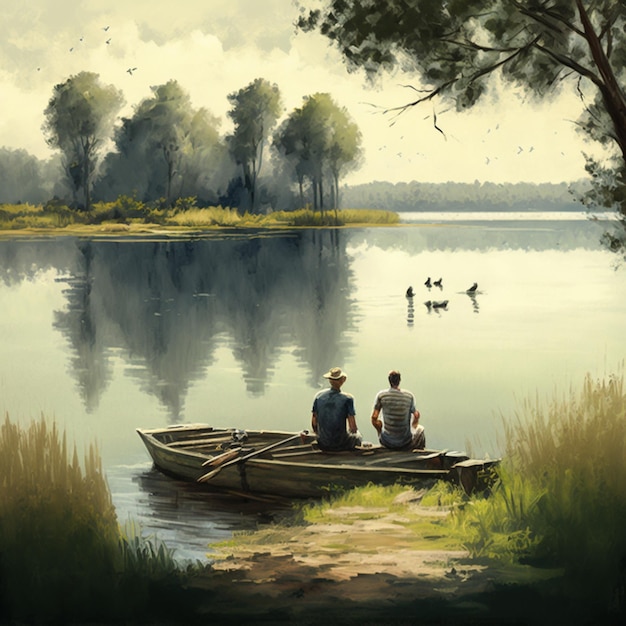 Painting of two men sitting in a boat on a lake generative ai