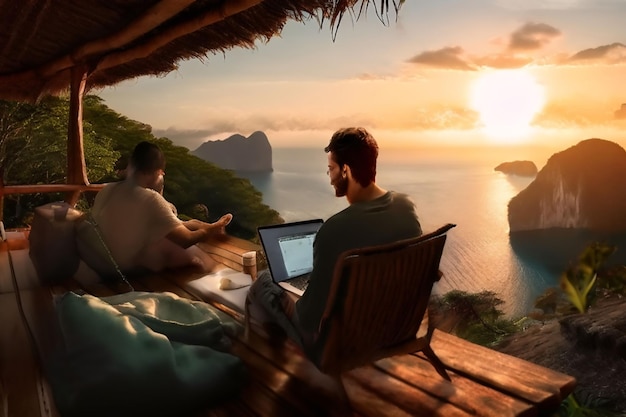 Photo a painting of two men sitting on a deck with a laptop and the ocean in the background