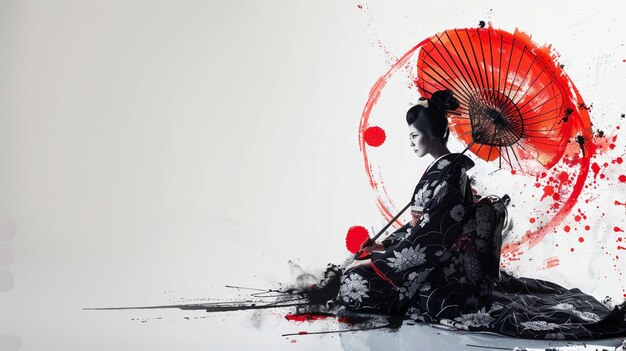 a painting of two men sitting in front of a red and black fan