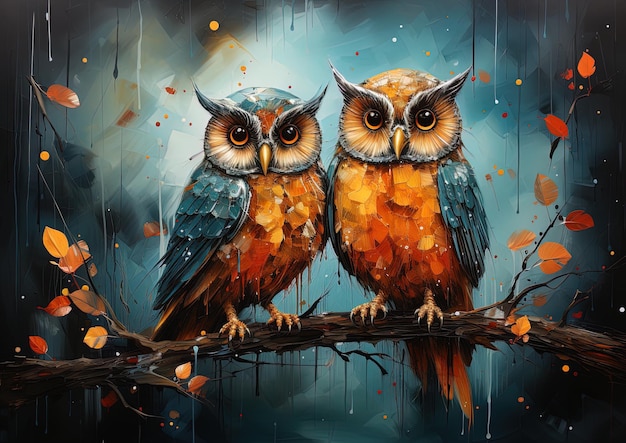 a painting of two owls on a branch with the words  owls  on it