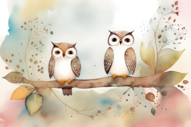 A painting of two owls on a branch