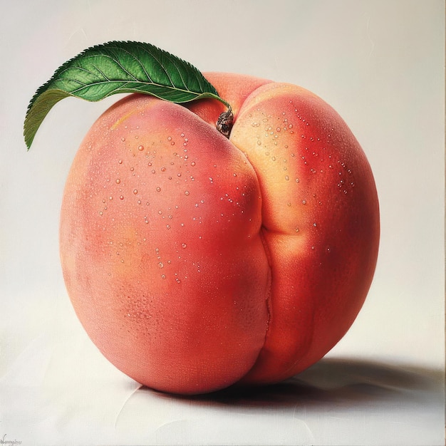 a painting of two peaches with a green leaf