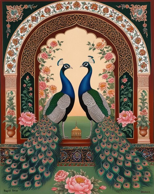 Photo a painting of two peacocks with flowers and a building in the background