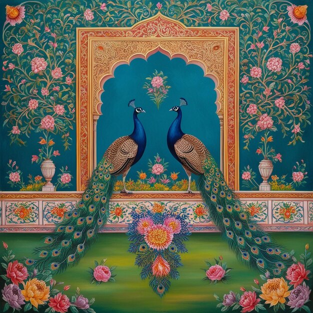 Photo a painting of two peacocks with flowers on the wall