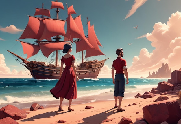 a painting of two people on the beach with a ship in the background