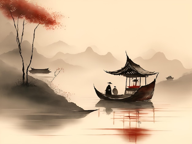 A painting of two people on a boat with a mountain in the background.