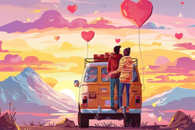 a painting of two people on a car with balloons in the sky