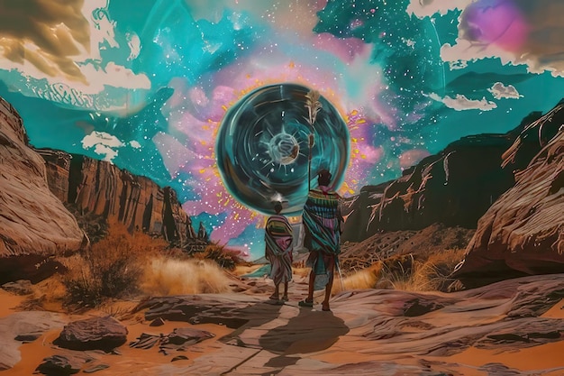 Photo a painting of two people in a desert with a large circle in the middle