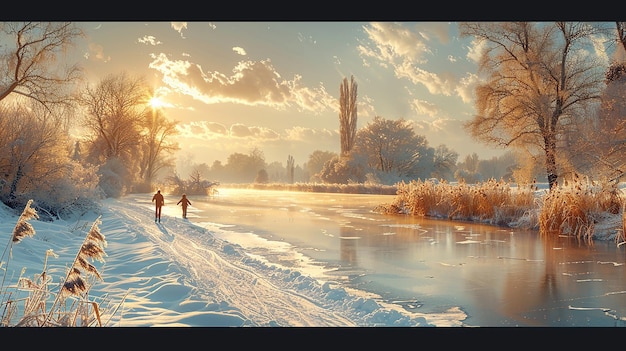 a painting of two people fishing in a snowy landscape