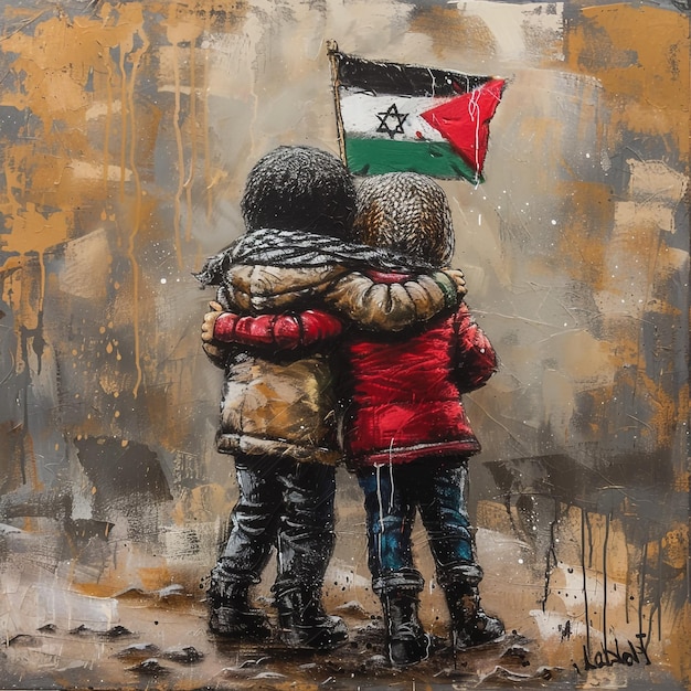 Photo a painting of two people hugging and a flag that says quot the country quot