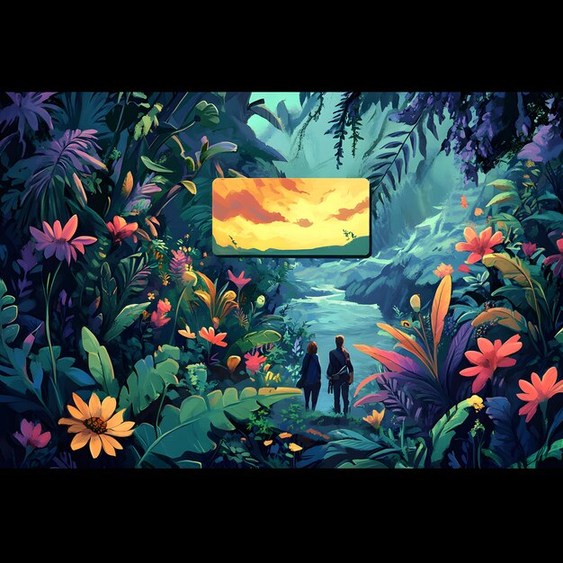 a painting of two people in a jungle with a sign that says  the sunset