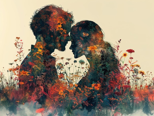 Photo a painting of two people kissing in a field of flowers