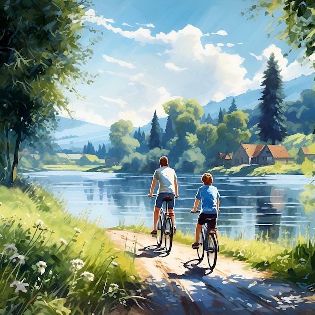 a painting of two people riding bikes on a path by a river