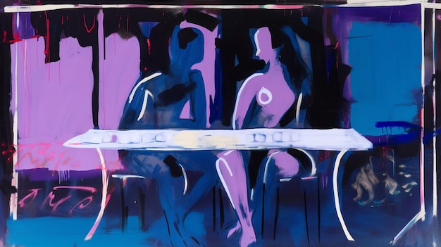 A painting of two people sitting on a table, one of which is purple and the other is purple.