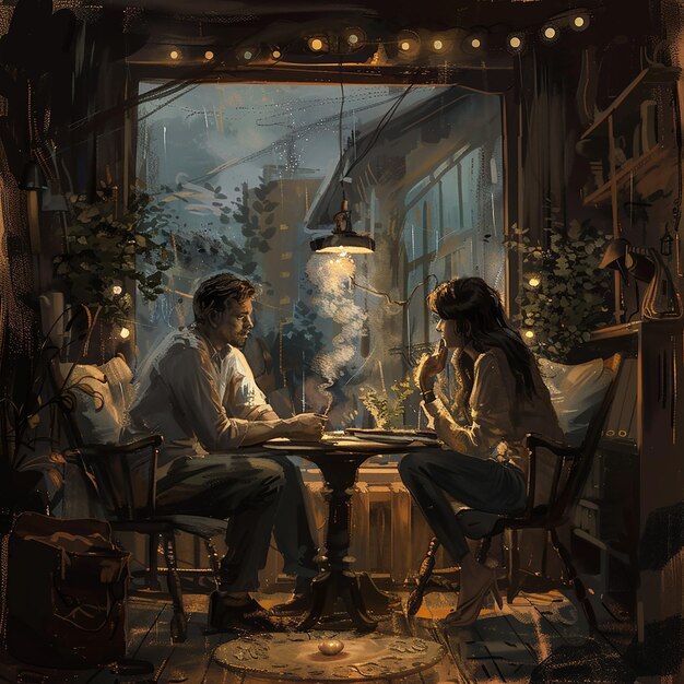 Photo a painting of two people sitting at a table with a lamp above them