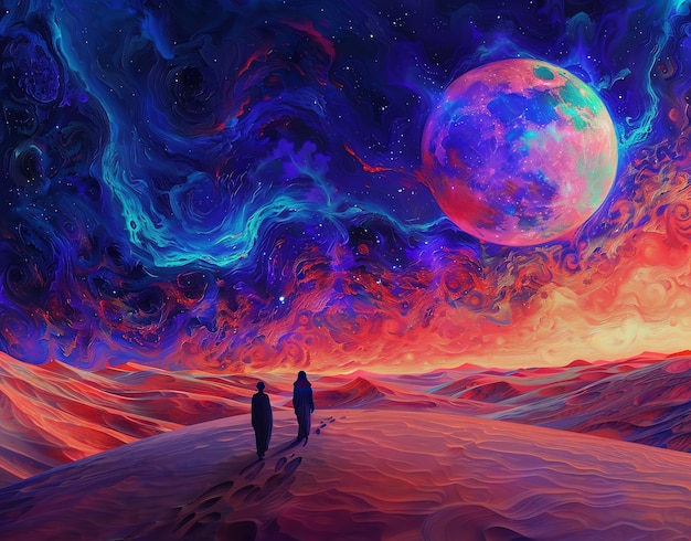 Photo a painting of two people standing in a desert with a moon in the background