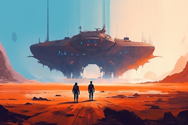 painting of two people standing in front of a spaceship