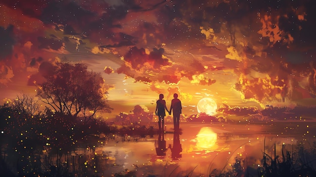 a painting of two people standing in front of a sunset with the sun behind them