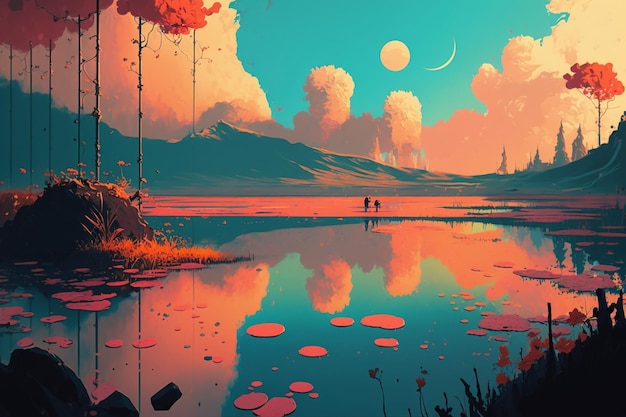 A painting of two people walking in front of a lake with a sunset and the moon.