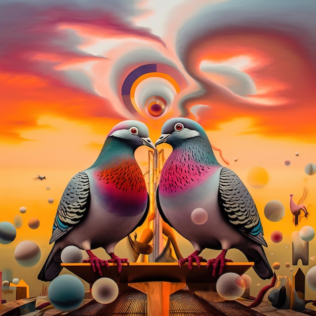 A painting of two pigeons with the words love on the front