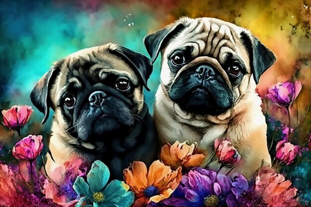 Photo a painting of two pugs with flowers on them.