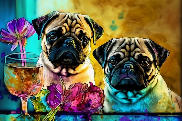 Photo a painting of two pugs with a vase of flowers on the table.