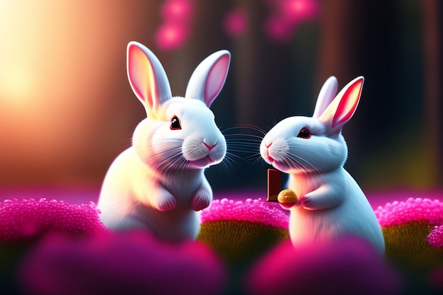 A painting of two rabbits with a pink background.