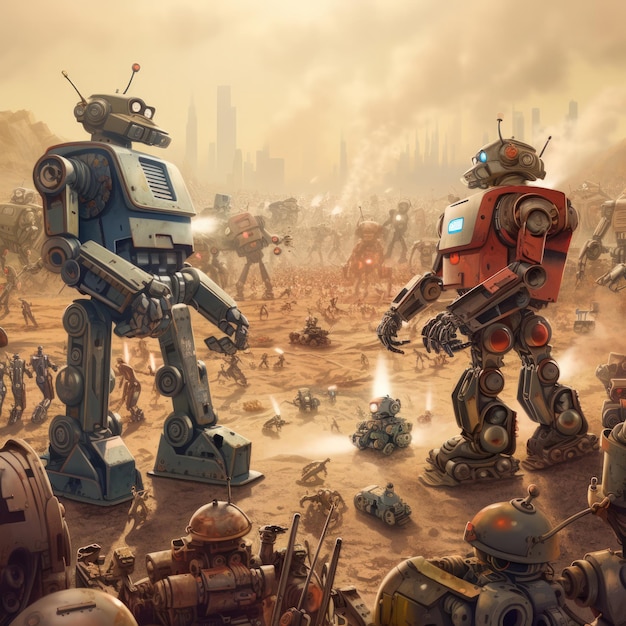 A painting of two robots with one that says robot on it.