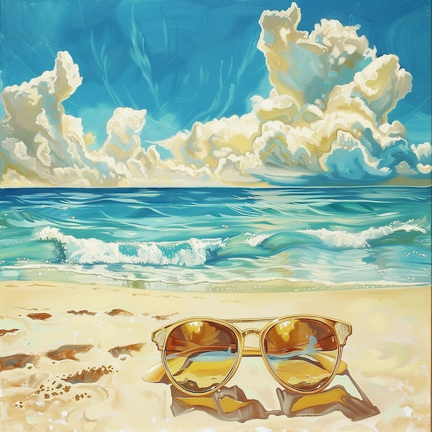 a painting of two sunglasses on a beach with the ocean in the background