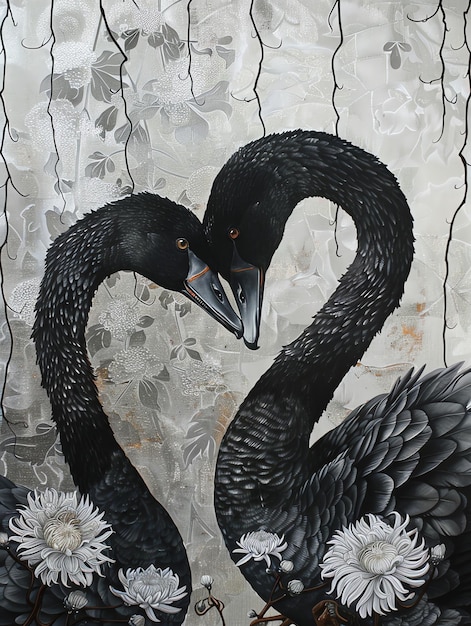 a painting of two swans with the word swan on it