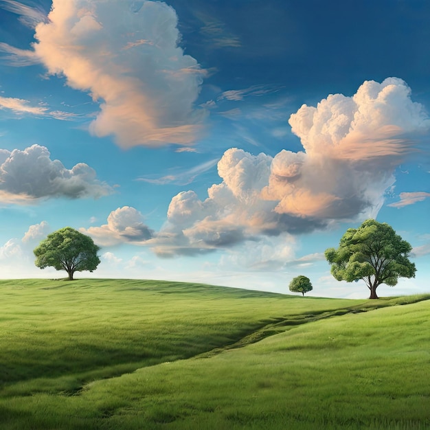 a painting of two trees on a green field with clouds in the sky