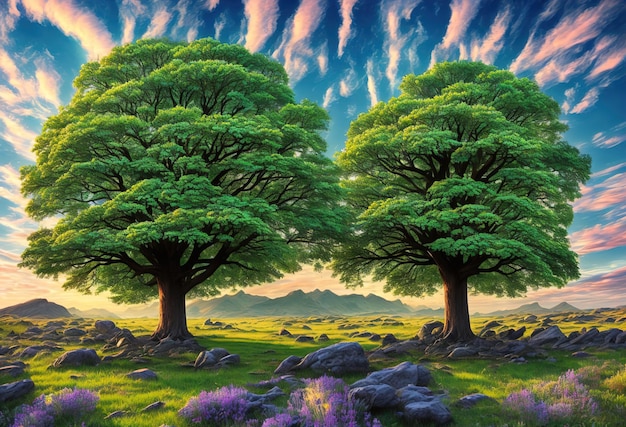 A painting of two trees with a cloudy sky in the background.