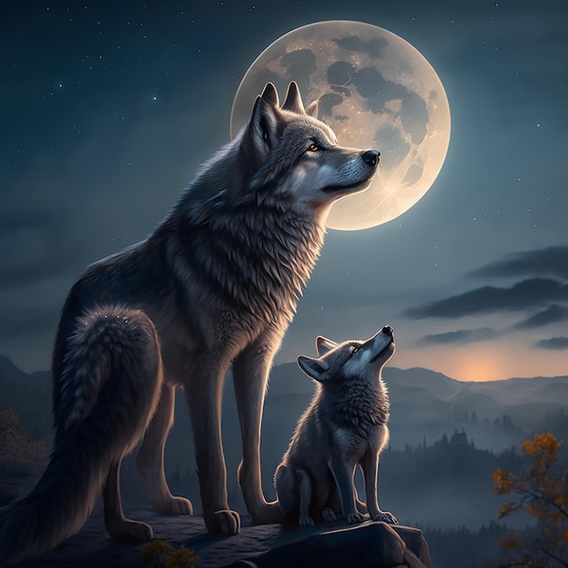 A painting of two wolves with the moon in the background.