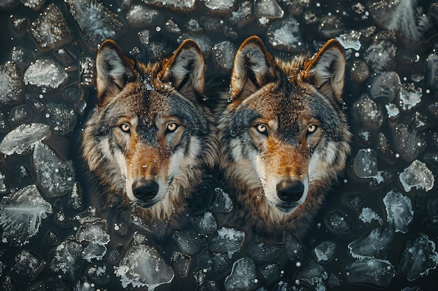 Photo a painting of two wolves with their faces painted on a black background