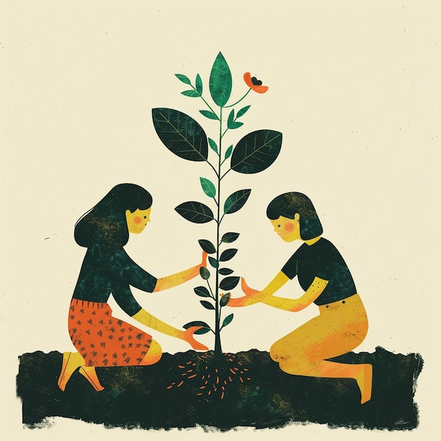 Photo a painting of two women in a black and yellow print of a woman planting a tree