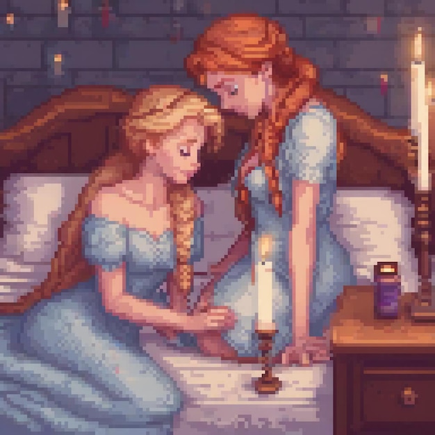 a painting of two women in blue dresses with a candle in the middle