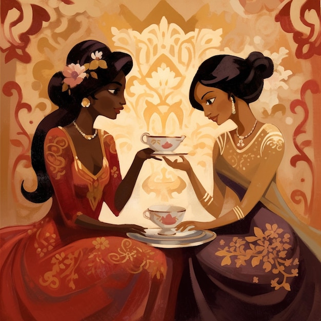 A painting of two women drinking tea and one of them is titled " the word love ".