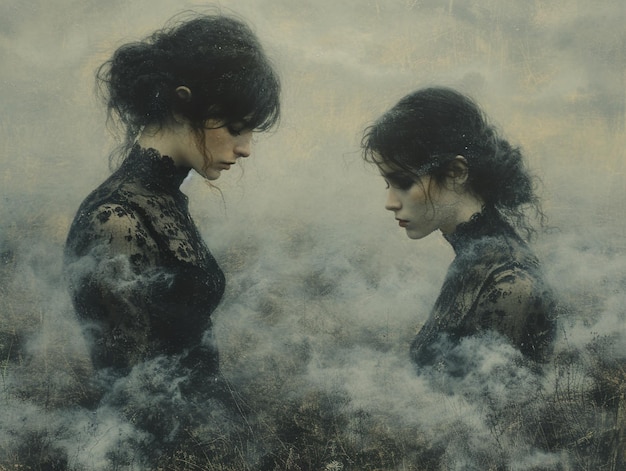 a painting of two women in the fog