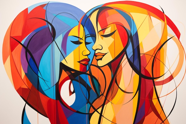 a painting of two women kissing each other with the word love on it