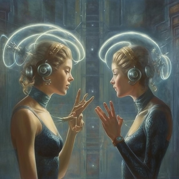 A painting of two women looking at each other with a blue light on the bottom.