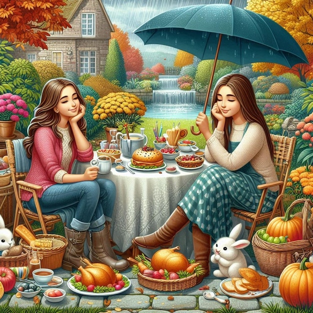 a painting of two women sitting in a garden with a table with food and a blue umbrella