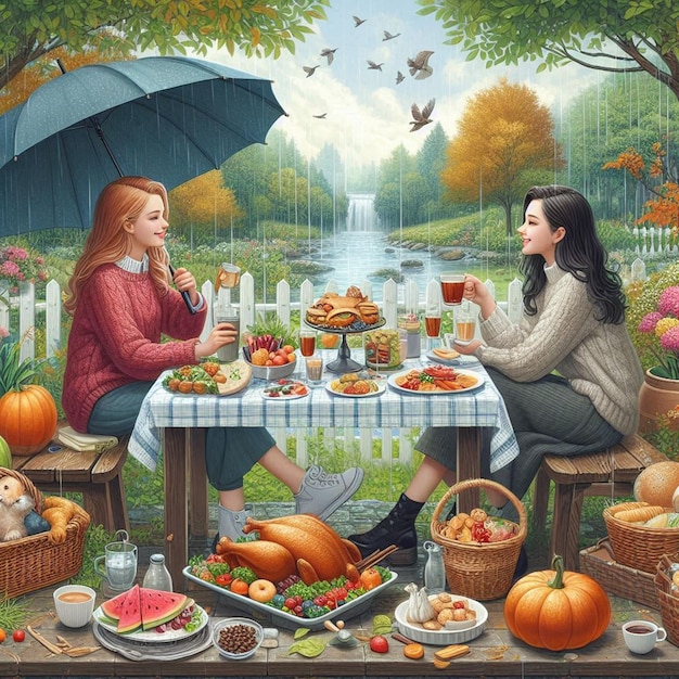 a painting of two women sitting at a picnic table with a woman holding an umbrella over them