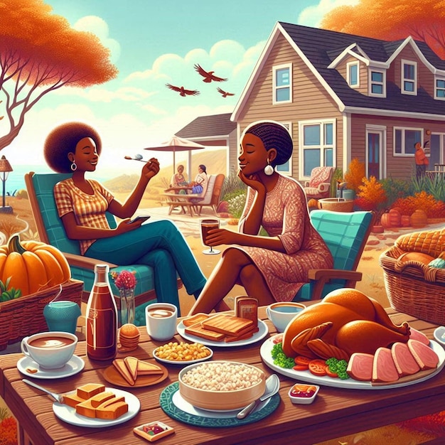 a painting of two women sitting at a table with food and a house in the background