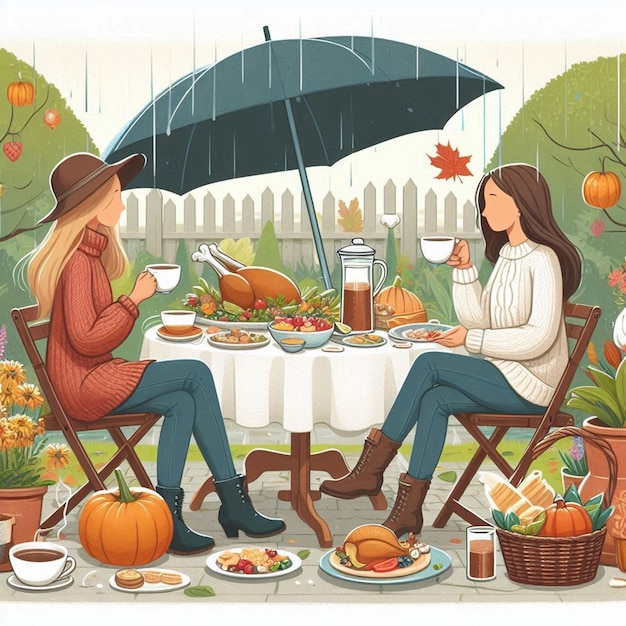 a painting of two women sitting at a table with an umbrella over them