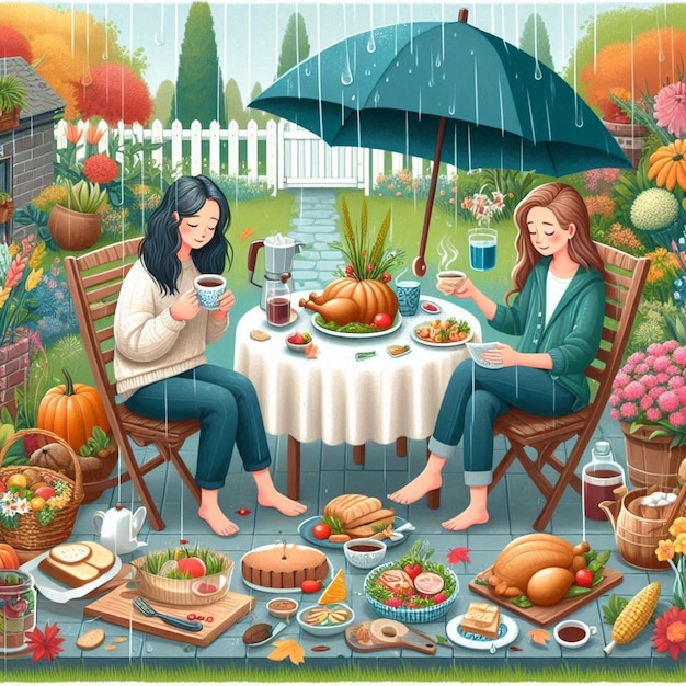 a painting of two women sitting at a table with an umbrella over them