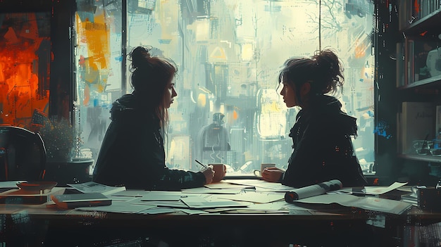 a painting of two women sitting at a table with a window in the background